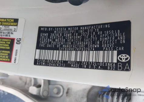 2019 Toyota Corolla Le z USA, uszkodzony, nr VIN 5YFBURHE7KP932674